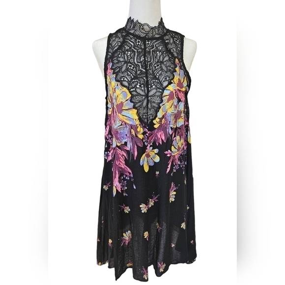 Free People Slip tunic mini Dress Size XS Floral‎ Spring Summer knit black pink - Picture 1 of 11
